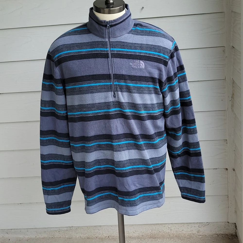 THE NORTH FACE Grey Blue Striped‎ Fleece Polyester Sz L Half Zip Pullover Jacket